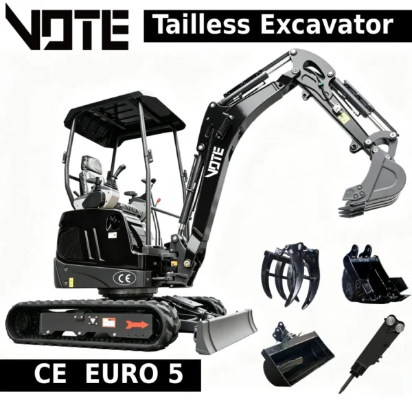 Vote Tailless Mini Excavator 2 Ton CE/Euro 5 650 mm Ultra-Small Turning Radius Indoor, Confined Space Operations